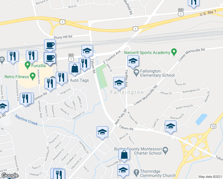 map of restaurants, bars, coffee shops, grocery stores, and more near 11 Hillside Lane in Fallsington