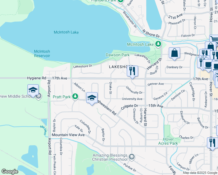 map of restaurants, bars, coffee shops, grocery stores, and more near 1545 Drake Street in Longmont