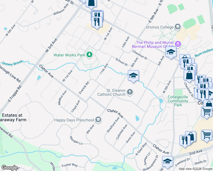 map of restaurants, bars, coffee shops, grocery stores, and more near 246 Saylor Lane in Collegeville