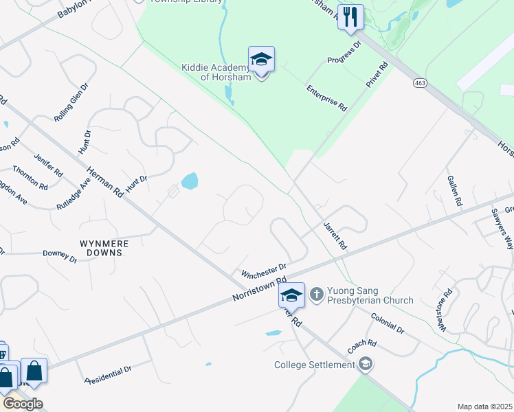 map of restaurants, bars, coffee shops, grocery stores, and more near 71 Wynmere Drive in Horsham