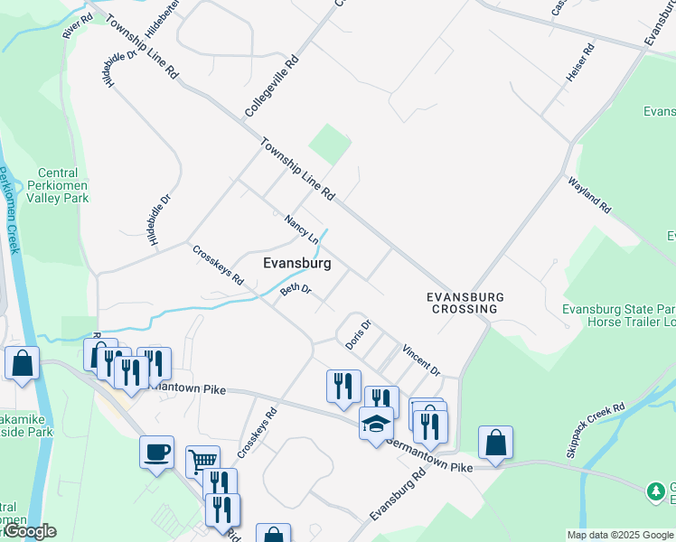 map of restaurants, bars, coffee shops, grocery stores, and more near 3900 Nancy Lane in Collegeville