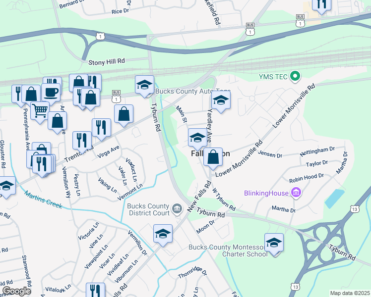 map of restaurants, bars, coffee shops, grocery stores, and more near 11 Hillside Lane in Fallsington