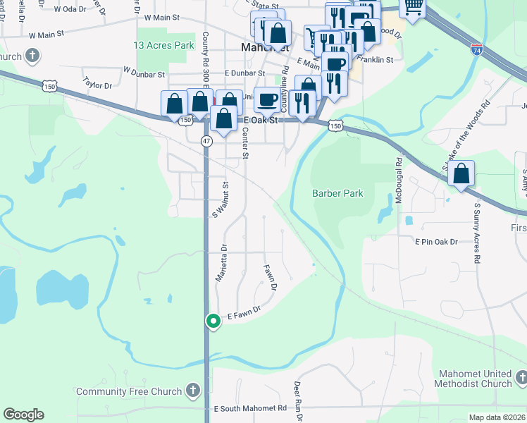 map of restaurants, bars, coffee shops, grocery stores, and more near 900 Fawn Drive in Mahomet