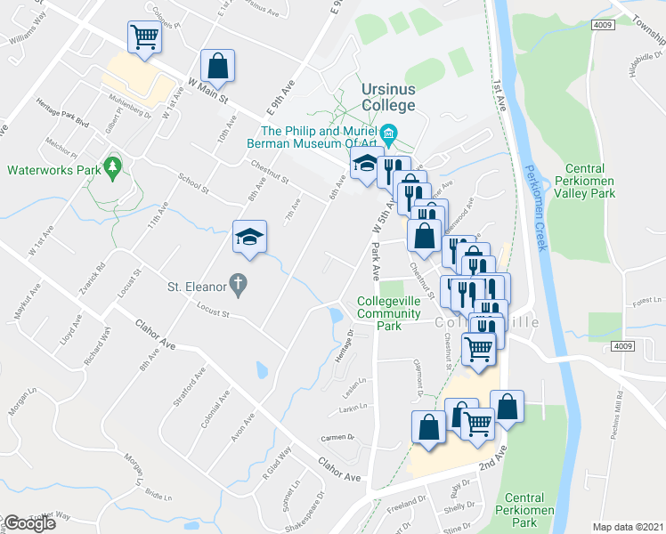 map of restaurants, bars, coffee shops, grocery stores, and more near 122 Revere Court in Collegeville