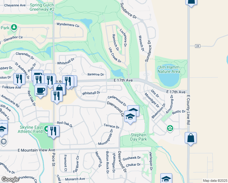 map of restaurants, bars, coffee shops, grocery stores, and more near 1408C Whitehall Drive in Longmont