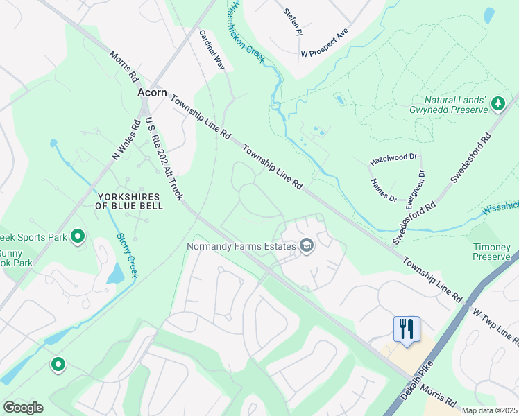 map of restaurants, bars, coffee shops, grocery stores, and more near 5212 Twin Silo Drive in Blue Bell