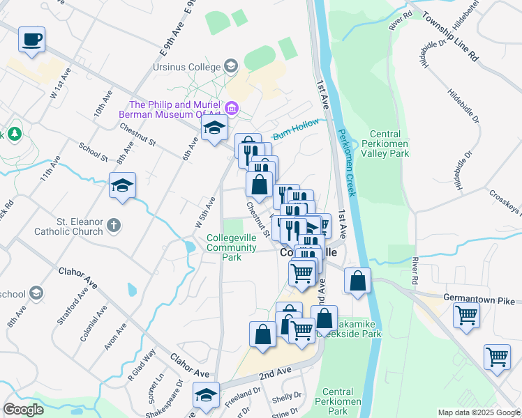 map of restaurants, bars, coffee shops, grocery stores, and more near 421 Chestnut Street in Collegeville