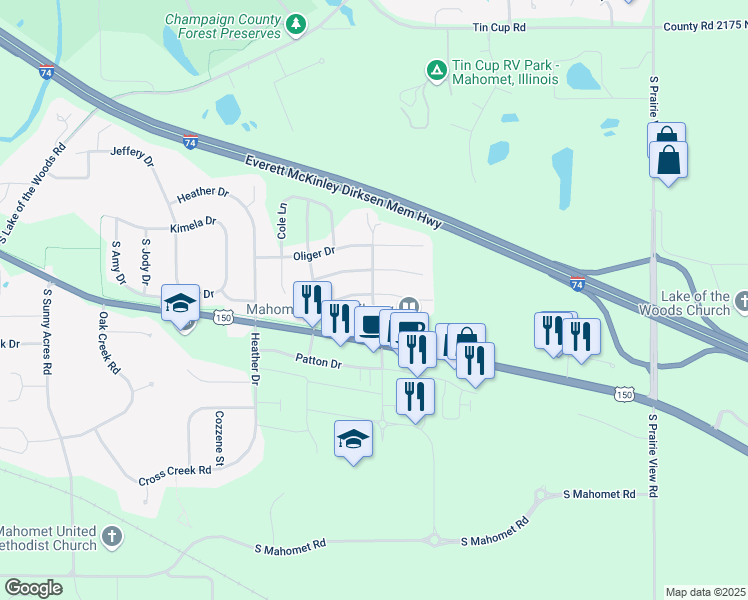 map of restaurants, bars, coffee shops, grocery stores, and more near 1702 Timber Wolf Lane in Mahomet