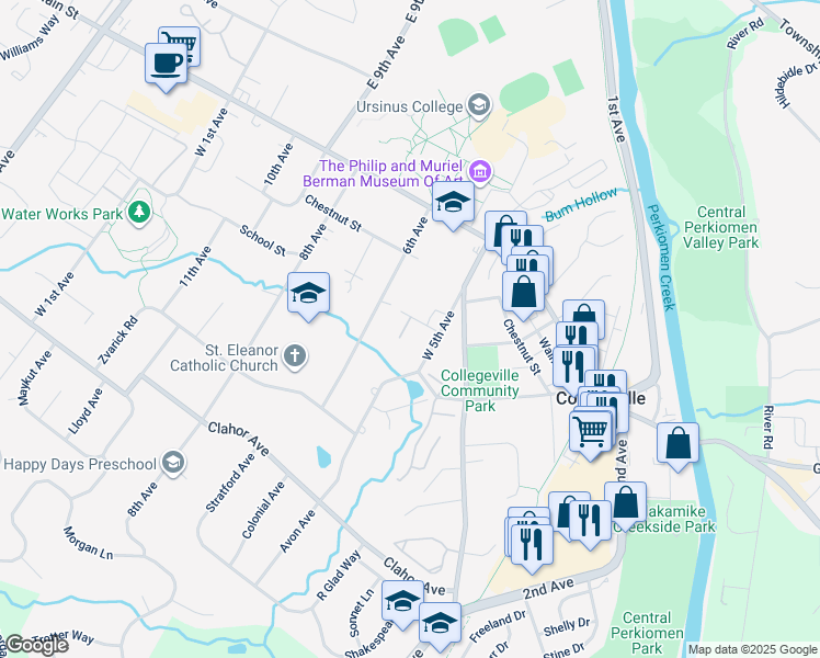 map of restaurants, bars, coffee shops, grocery stores, and more near 122 Revere Court in Collegeville