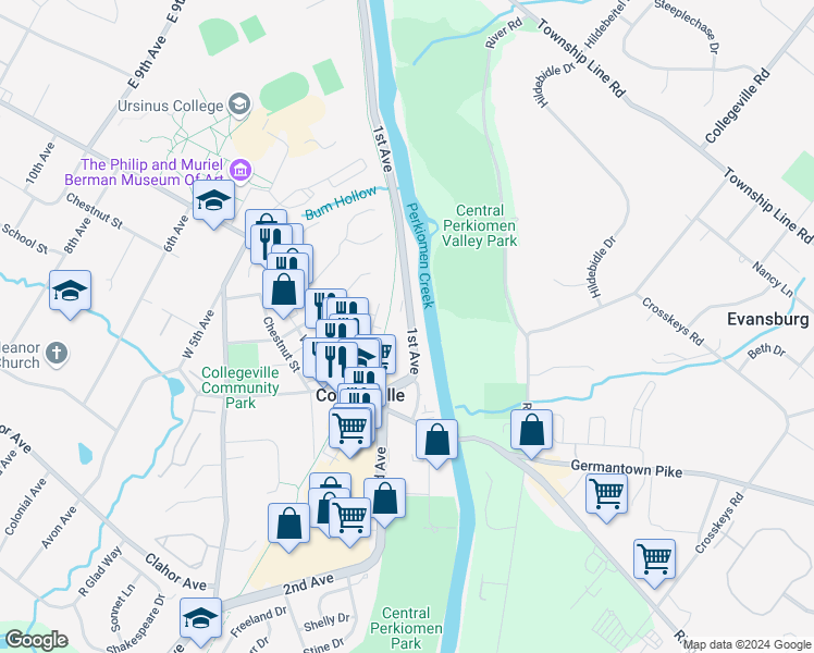 map of restaurants, bars, coffee shops, grocery stores, and more near 129 1st Avenue in Collegeville