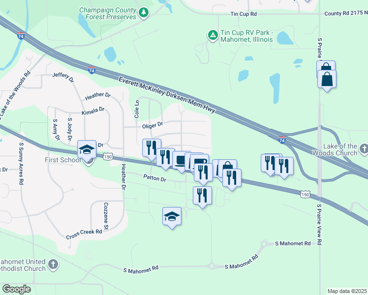 map of restaurants, bars, coffee shops, grocery stores, and more near 1702 Timber Wolf Lane in Mahomet