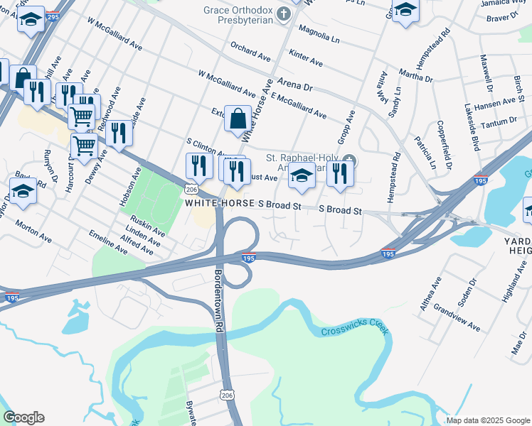 map of restaurants, bars, coffee shops, grocery stores, and more near 4 James Cubberly Court in Trenton
