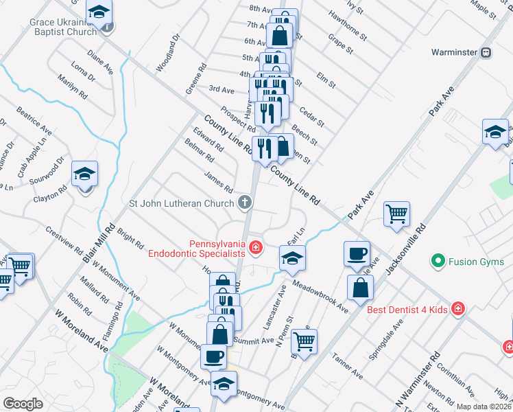 map of restaurants, bars, coffee shops, grocery stores, and more near 550 North York Road in Hatboro