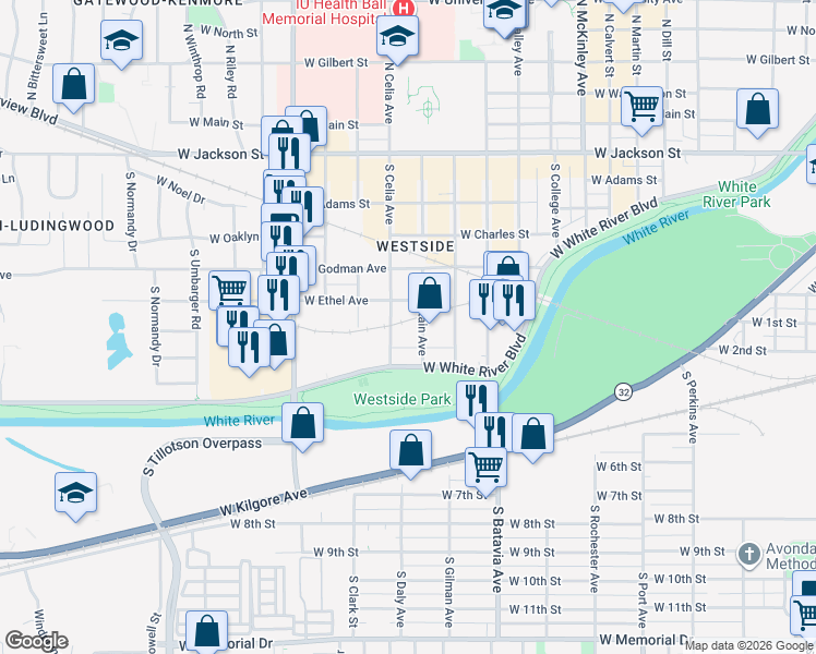 map of restaurants, bars, coffee shops, grocery stores, and more near 715 South Brittain Avenue in Muncie