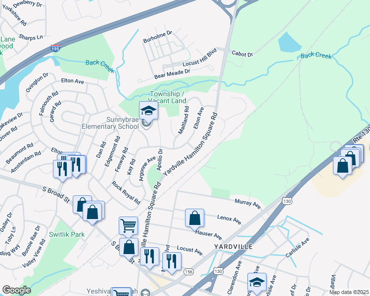 map of restaurants, bars, coffee shops, grocery stores, and more near 193 Elton Avenue in Hamilton Township