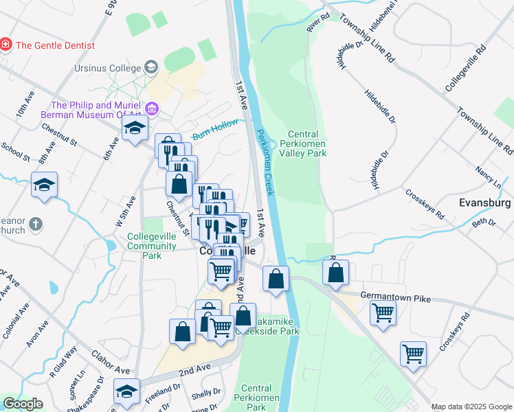map of restaurants, bars, coffee shops, grocery stores, and more near 131 1st Avenue in Collegeville