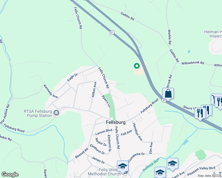 map of restaurants, bars, coffee shops, grocery stores, and more near 1143 Fells Church Road in Belle Vernon