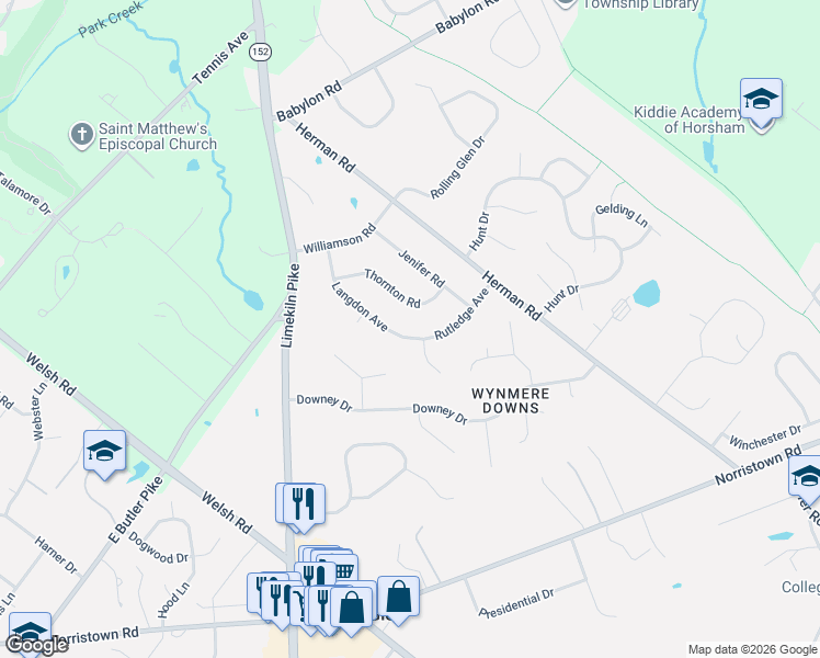 map of restaurants, bars, coffee shops, grocery stores, and more near 916 Langdon Avenue in Horsham