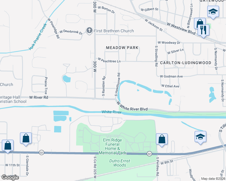 map of restaurants, bars, coffee shops, grocery stores, and more near 4605 West Riverbend Drive in Muncie