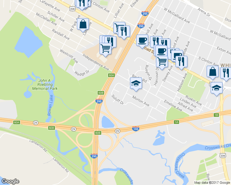 map of restaurants, bars, coffee shops, grocery stores, and more near 3 Rogers Circle in Trenton