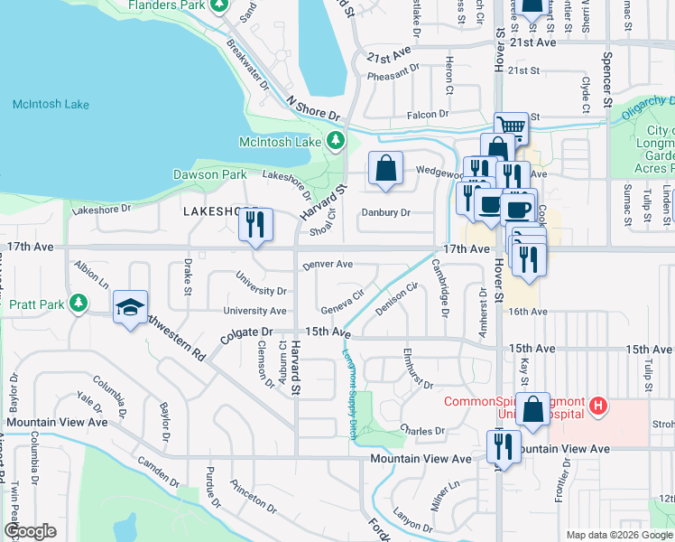 map of restaurants, bars, coffee shops, grocery stores, and more near 2735 Denver Avenue in Longmont