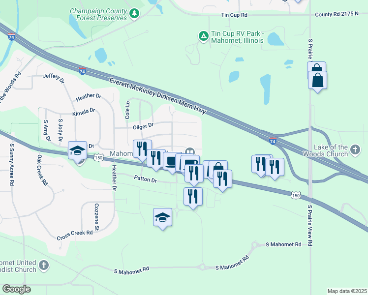 map of restaurants, bars, coffee shops, grocery stores, and more near 1702 Timber Wolf Lane in Mahomet