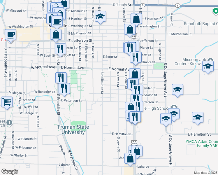 map of restaurants, bars, coffee shops, grocery stores, and more near 716 East Line Street in Kirksville