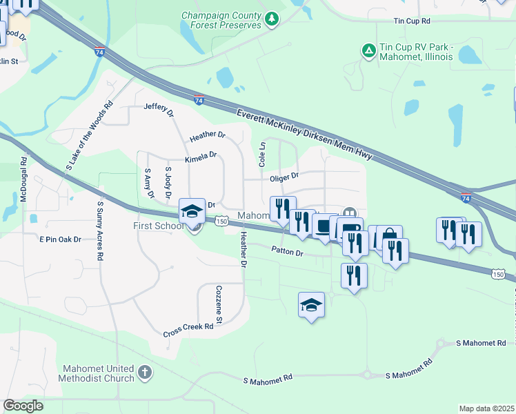 map of restaurants, bars, coffee shops, grocery stores, and more near 813 Cole Lane in Mahomet