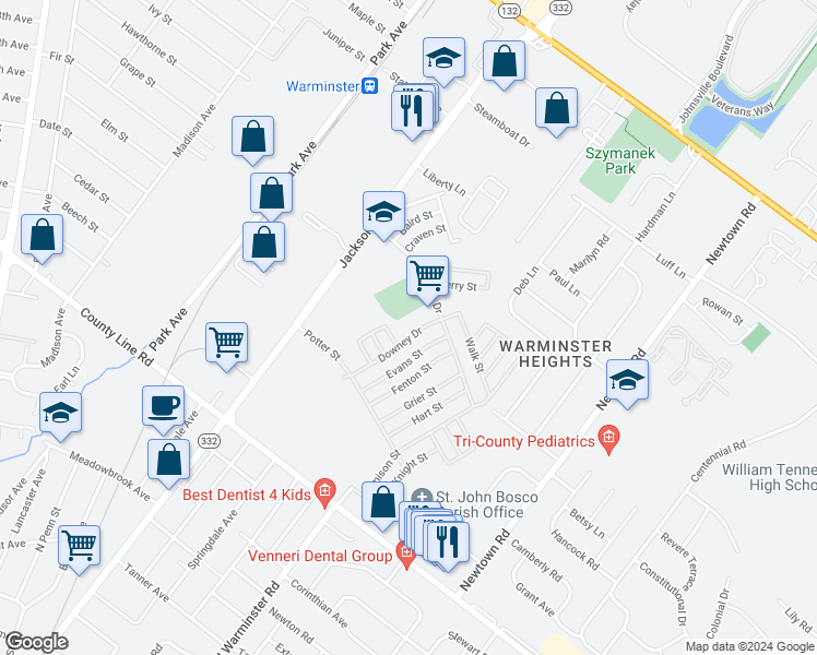map of restaurants, bars, coffee shops, grocery stores, and more near 75 Downey Drive in Warminster