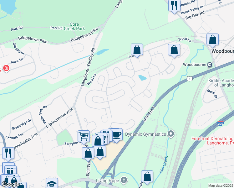 map of restaurants, bars, coffee shops, grocery stores, and more near 15 Lady Slipper Lane in Langhorne