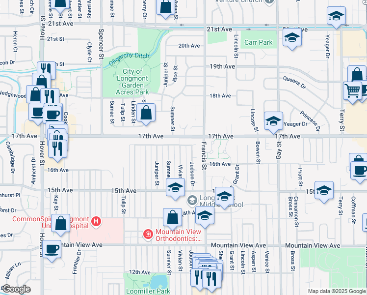 map of restaurants, bars, coffee shops, grocery stores, and more near 1642 Vivian Street in Longmont