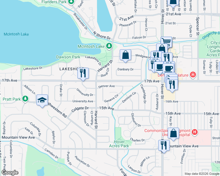 map of restaurants, bars, coffee shops, grocery stores, and more near 2735 Denver Avenue in Longmont