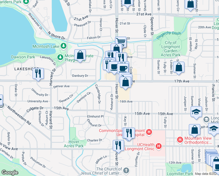 map of restaurants, bars, coffee shops, grocery stores, and more near 1625 Amherst Drive in Longmont