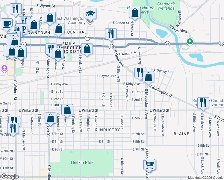 map of restaurants, bars, coffee shops, grocery stores, and more near 1300 East 1st Street in Muncie