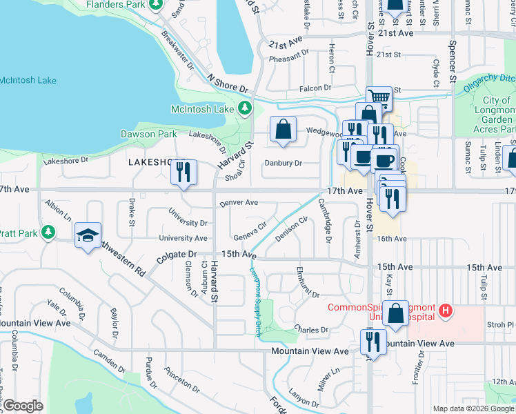 map of restaurants, bars, coffee shops, grocery stores, and more near 2735 Denver Avenue in Longmont