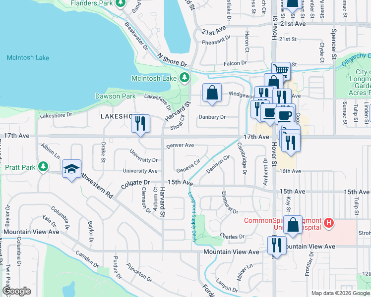 map of restaurants, bars, coffee shops, grocery stores, and more near 2735 Denver Avenue in Longmont