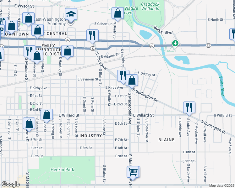 map of restaurants, bars, coffee shops, grocery stores, and more near 1534 East 1st Street in Muncie