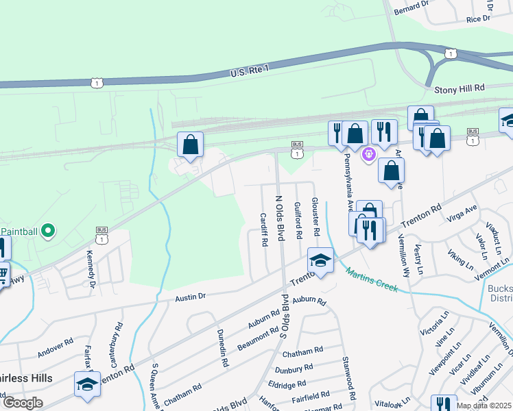 map of restaurants, bars, coffee shops, grocery stores, and more near 317 Wilson Drive in Fairless Hills