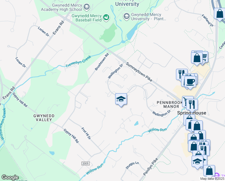 map of restaurants, bars, coffee shops, grocery stores, and more near 110 Cypress Drive in Spring House