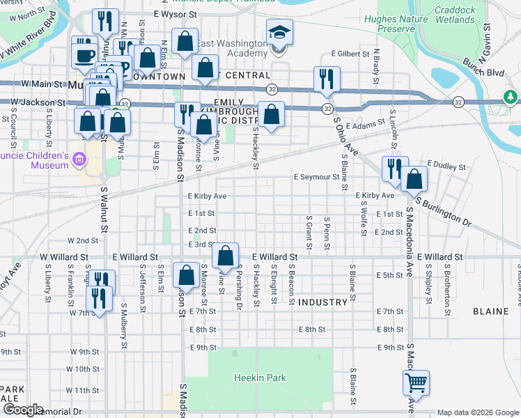 map of restaurants, bars, coffee shops, grocery stores, and more near 716 South Ebright Street in Muncie