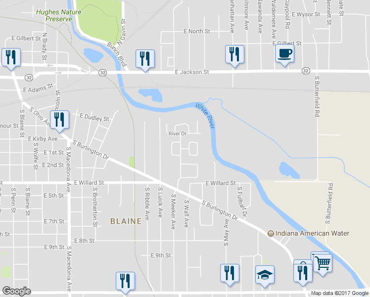 map of restaurants, bars, coffee shops, grocery stores, and more near Kirby Avenue in Muncie