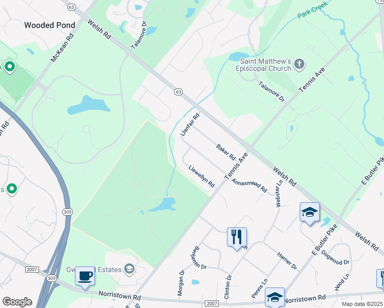 map of restaurants, bars, coffee shops, grocery stores, and more near 313 Llewellyn Road in Ambler