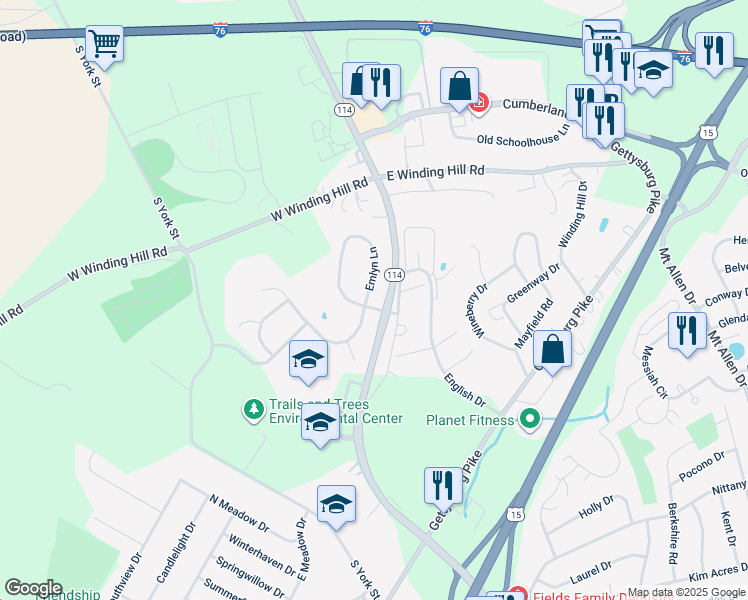 map of restaurants, bars, coffee shops, grocery stores, and more near 35 Emlyn Lane in Mechanicsburg