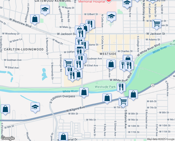map of restaurants, bars, coffee shops, grocery stores, and more near 744 South Tillotson Avenue in Muncie