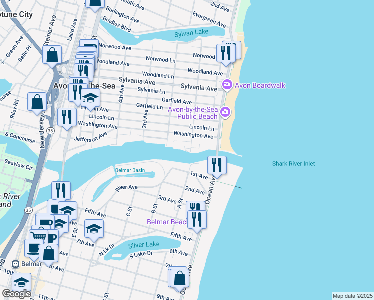 map of restaurants, bars, coffee shops, grocery stores, and more near 53 1st Avenue in Avon-by-the-Sea