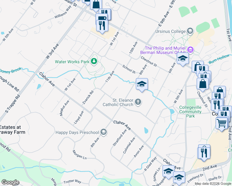 map of restaurants, bars, coffee shops, grocery stores, and more near 246 Saylor Lane in Collegeville