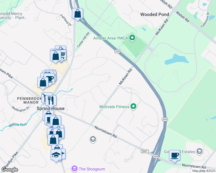 map of restaurants, bars, coffee shops, grocery stores, and more near 1210 Red Barn Rd in Spring House