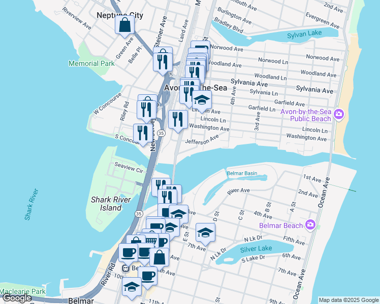 map of restaurants, bars, coffee shops, grocery stores, and more near 26 Poole Avenue in Avon-by-the-Sea