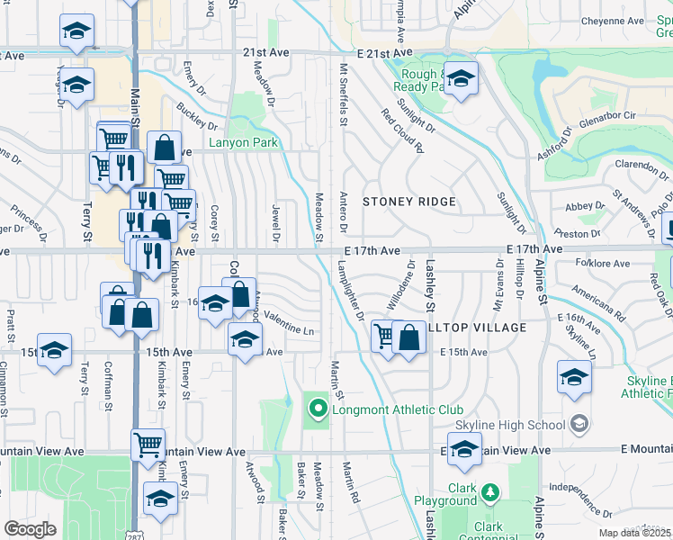 map of restaurants, bars, coffee shops, grocery stores, and more near 1637 Lamplighter Drive in Longmont