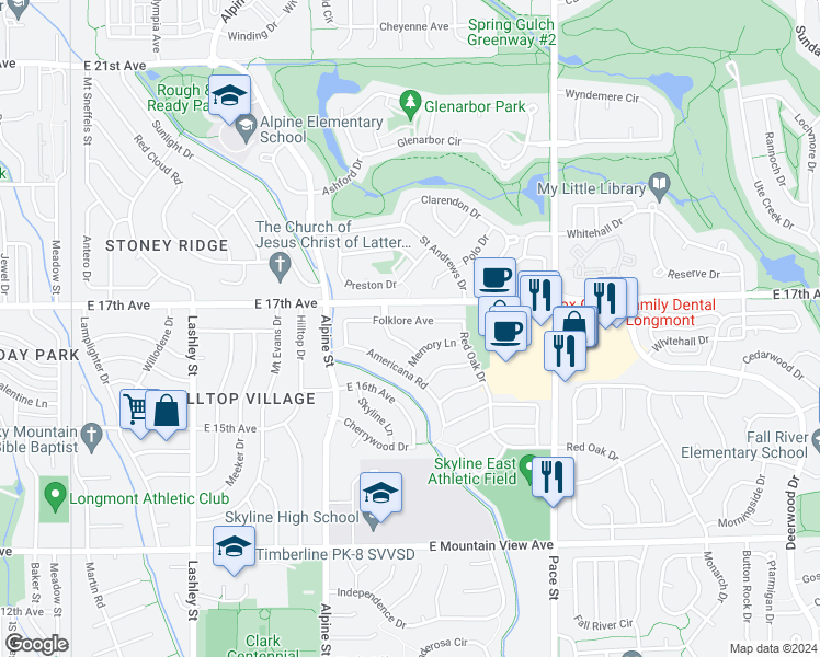 map of restaurants, bars, coffee shops, grocery stores, and more near 625 Folklore Avenue in Longmont